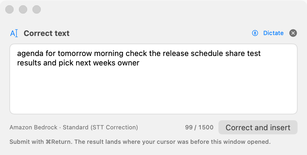 The ⌃⇧T text input window